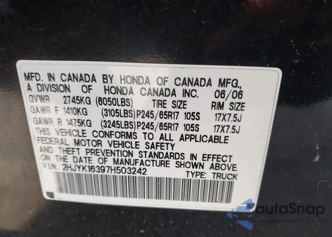 2007 Honda Ridgeline Rtx from USA, damaged, VIN 2HJYK16397H503242